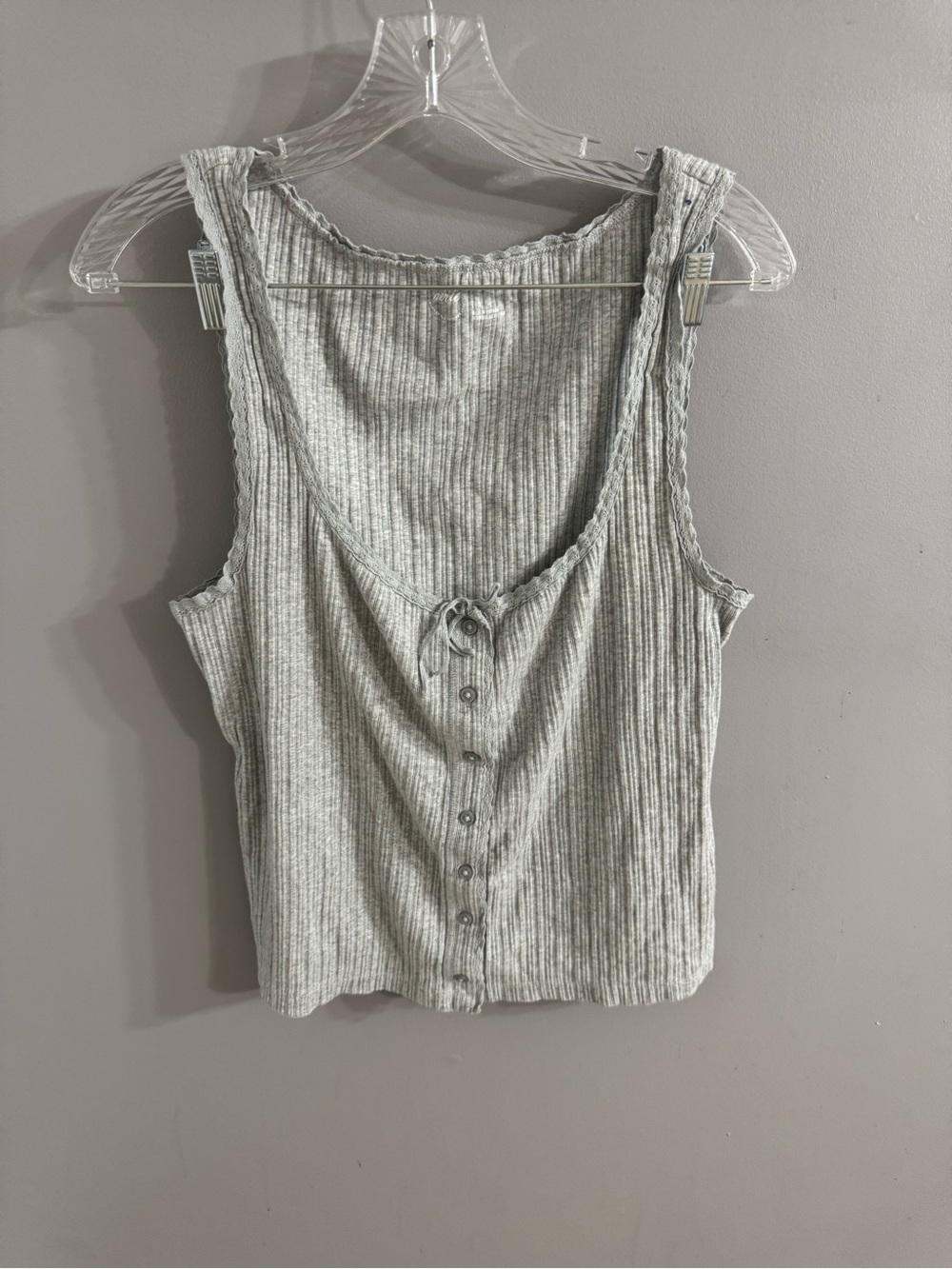 Ribbed Aerie Scoop Neck Tank Top with Button Front - Light Gray